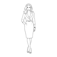Celebrity portrait line art illustration of a beautiful famous actress. Black and white fashion sketch of a glamorous woman in an elegant business dress for a coloring page.
