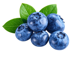 Fototapeta premium Cluster of Fresh Blueberries with Green Leaves, isolated on transparent background.