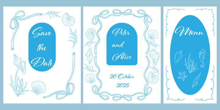 Hand drawn set of coastal wedding templates with seashells, ribbons and floral elements in blue and white. Concept of beach wedding, romantic celebration, seaside theme and elegant invitation design