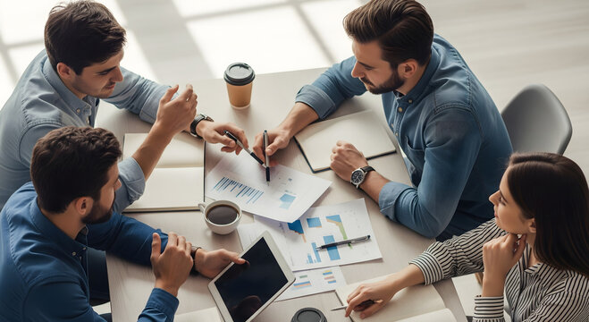 office team discussing revenue strategy using laptop paper notes and ideas in comfortable modern workplace environment collaboration zone work and office life business activity photo