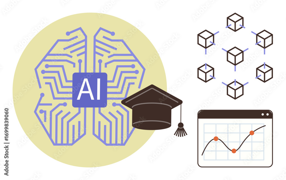 Poster neural brain circuit with ai label, digital blockchain network, graduate cap, and data chart with up