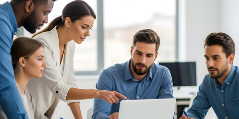 professional group working inside office on business plan with printed charts and laptop brainstorming together in open team setting work and office life business activity photo