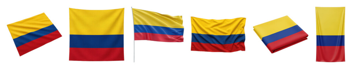 Obraz premium Colombian flag set including waving, hanging, folded, vertical, and angled forms isolated. National symbol and pride collection.