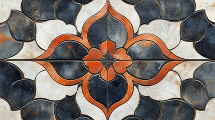 Intricate floral pattern on distressed tile.