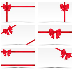Blank Gift card set with red bow and ribbon. Holiday voucher templates with shiny satin bow decoration. Christmas, New Year, birthday, wedding, Valentine present design isolated on white background