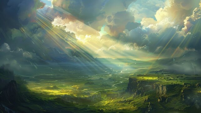 Dramatic landscape painting of sun rays shining through clouds over valley