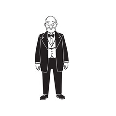 Old man with formal suit black and white vector illustration for classic portrait artwork design
