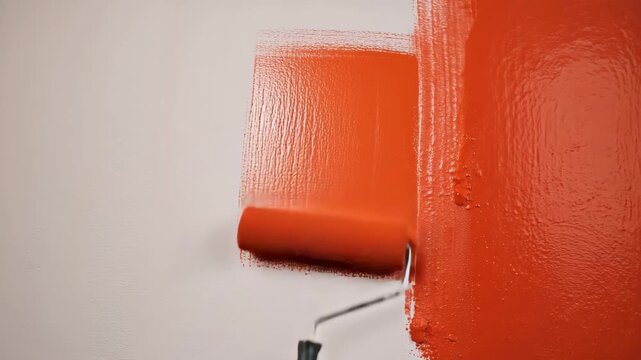Rote Wand streichen mit Farbrolle &ndash; Malerarbeit in Nahaufnahme