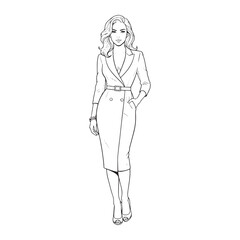 Celebrity portrait line art illustration of a beautiful famous actress. Black and white fashion sketch of a glamorous woman in an elegant business dress for a coloring page.
