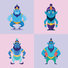 Four Cartoon Genie Characters:  Playful, Colorful, Flat Design, Arabian Nights Theme,  Fantasy Illustration.