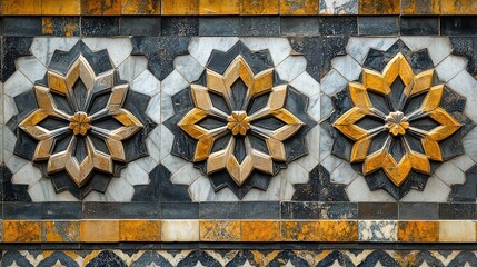 Intricate gold and marble floral tile wall pattern.