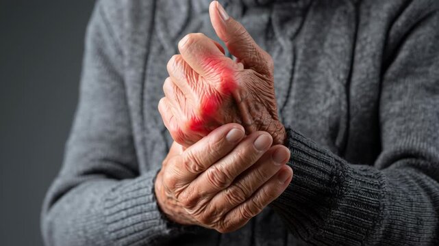 Rheumatoid and arthritis concept ,Elderly hand pain arthritis inflammation joint ache swollen knuckle wrinkled skin gray sweater