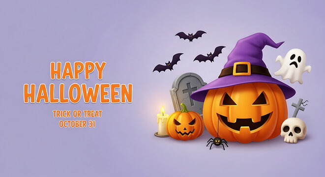 Festive halloween scene with pumpkins bats and ghosts against a purple background perfect for invitations cards and social media posts for the spooky holiday season