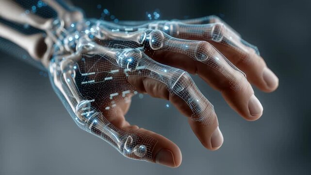 Rheumatoid and arthritis concept ,cybernetic prosthetic robotic hand anatomy bones metallic hand reaches forward with futuristic