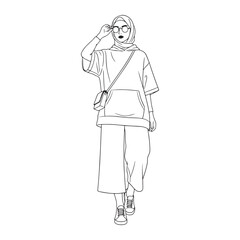 Minimalist line art illustration of a stylish modern woman wearing a hijab. Muslim street style fashion concept with hoodie and sunglasses.
