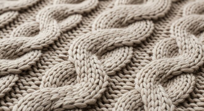 Beige knitted wool with intricate cable pattern close-up image.
