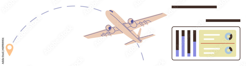 Poster airplane soaring along a dotted path towards a destination pin accompanied by a dashboard with bar c