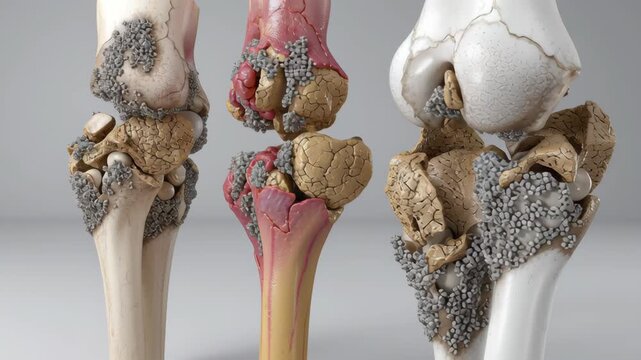 Rheumatoid and arthritis concept ,Degenerative joint knee anatomy bone erosion cartilage loss synovial inflammation osteophyte