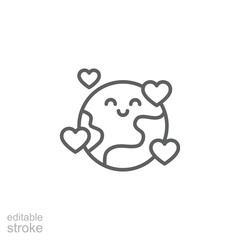 Earth love heart icon. Simple outline style. Element of peace day, happy, planet, world, heart, globe, cute, global, ecology, environment concept. Thin line symbol. Isolated design editable stroke.