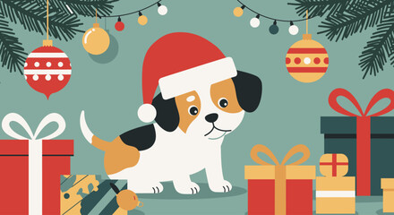 This Flat Design vector illustration features a cute pet, a dog wearing a Santa hat, playfully interacting with minimalist Christmas gifts