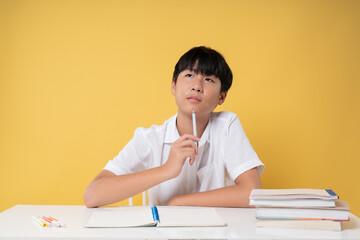 Teen student ponders a question pen in hand with notebooks and books on a yellow background