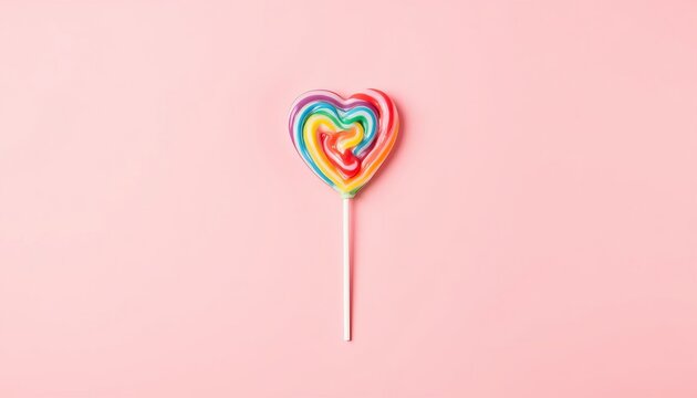 Rainbow heart lollipop with colorful swirl pattern on stick. Sweet candy confectionery dessert. Isolated on pink background for Valentine Day.