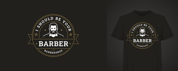 Modern barber logo featuring a stylish beard man, retro typography, and a vintage design. Ideal for barbershop branding and t-shirt prints. Vector illustration