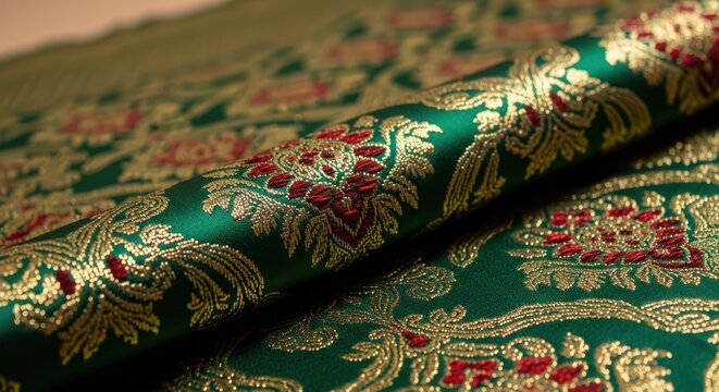 Close-up of a luxurious emerald fabric with gold and red floral pattern