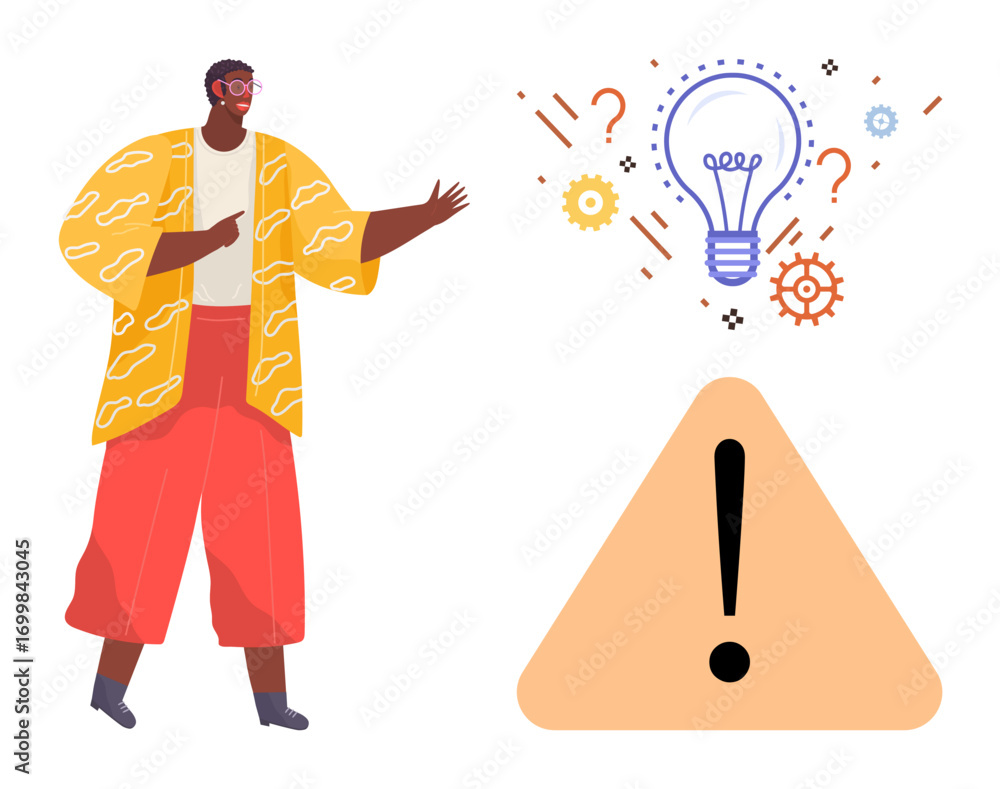 Poster person gesturing towards a glowing lightbulb with question marks and gears above, paired with a warn