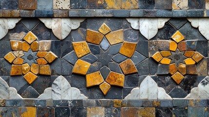 Intricate stone mosaic tile with geometric floral pattern.
