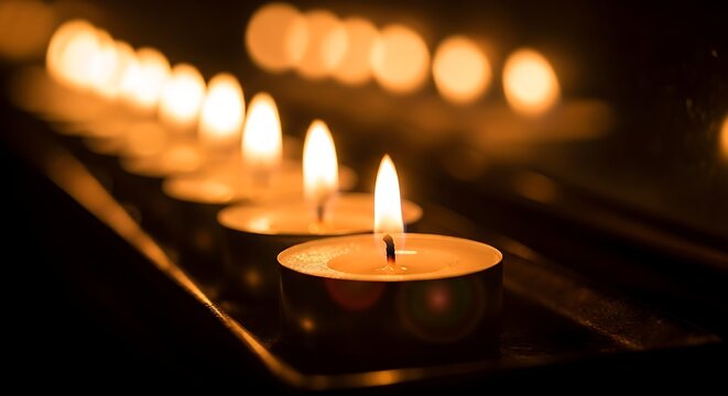 Row of burning tea light candles creating warm and calming ambiance for meditation or a peaceful atmosphere