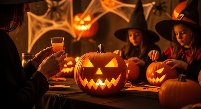 Family carving pumpkins and celebrating halloween with spooky decorations and treats in a warm festive atmosphere creating lasting memories