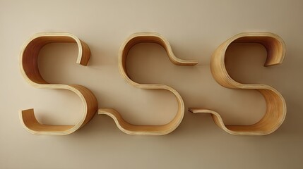 Modern wooden shelves in curved design against beige wall