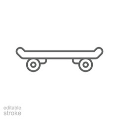 Skateboard icon. Simple outline style. Skate, board, wheel, skater, youth, street, city sport, fun, urban, transportation, recreation concept. Thin line symbol. Isolated design editable stroke.