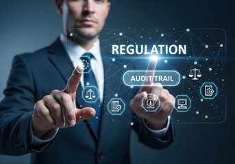 Businessman interacting with digital interface showing regulation and audit trail concepts