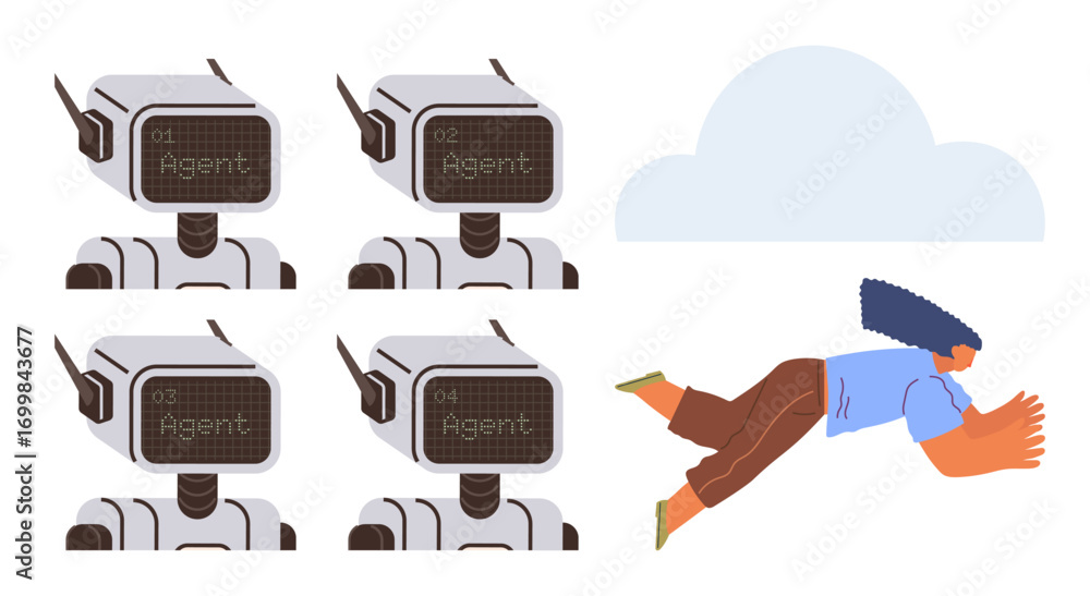 Poster four robots with digital screens labeled agent paired with a person flying towards a cloud. ideal fo