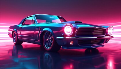 Futuristic Neon Illustration of Retro Car in Gradient Color Reflections