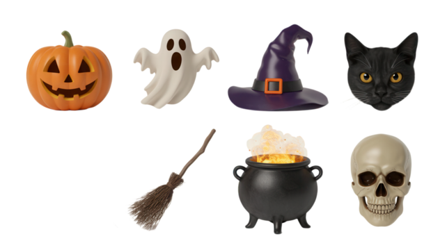 Halloween decorations set including pumpkin ghost witch hat and skull on Transparent Background