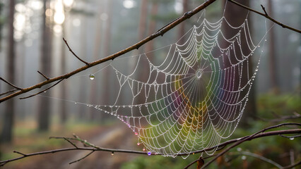 Extreme Close Up Dew Covered Spiderweb Orb Weaver Web Gossamer Threads Forest Mist Nature Macro Photography