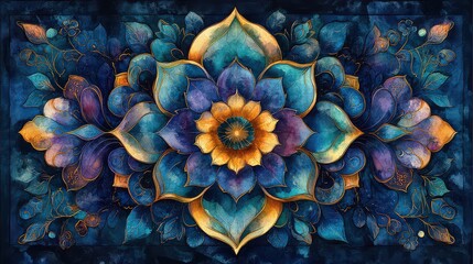 Intricate watercolor painting of a symmetrical floral mandala with teal, purple, gold, and blue hues.