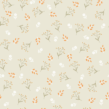 Hand drawn pattern with flowers, leaves and berries. Seamless pattern with snall flowers and plants on pastel background.