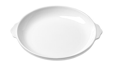 Empty white porcelain dish with handles on transparent background