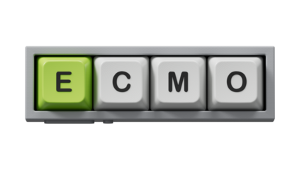 The word ecmo is written on Computer keyboard keys . Medical concept.close up of Computer keyboard keys,Business Concept.Supports PNG files with transparent backgrounds.