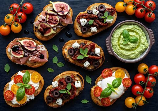 Deliciously prepared bruschetta and avocado dip with fresh tomatoes and basil - Powered by Adobe