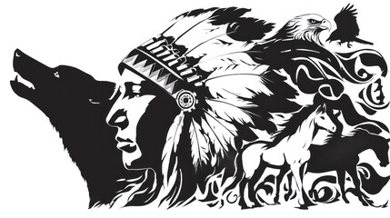 Silhouette depicts Native American with feathered headdress, a wolf, and flowing design