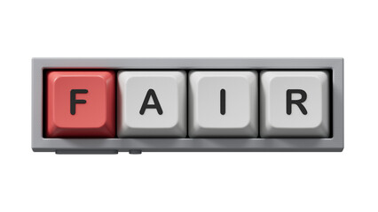 Computer keyboard keys with FAIR business word. Mission, Vision and core values concept.close up of Computer keyboard keys,Business Concept.Supports PNG files with transparent backgrounds.