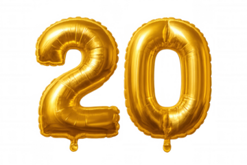Golden twenty numeral floating, metallic foil balloon number shimmering against transparent backdrop, celebrating milestone event
