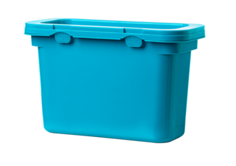 Closed light blue plastic storage box isolated on white background
