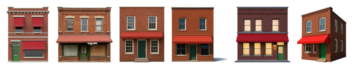 Fototapeta premium Brick building facade set including various storefronts, red awnings, and window styles isolated. Architectural elements for urban design.