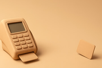 A close-up shot of a beige point-of-sale terminal and a credit card on a matching background.